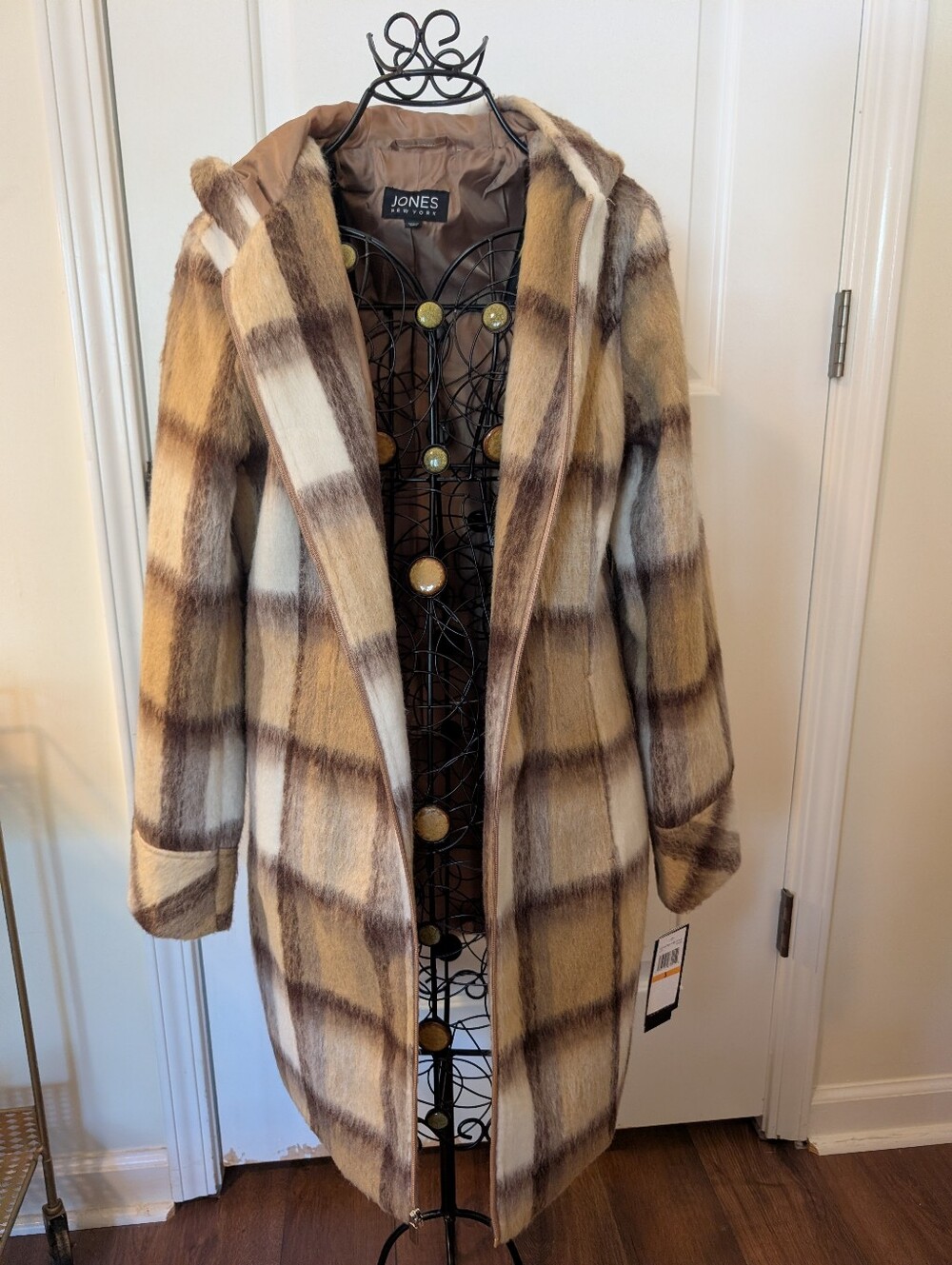 Jones New York Tan, Brown & Cream Plaid Hooded Pea Coat